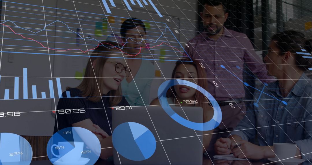 Team Analyzing Financial Data with Digital Charts Overlay