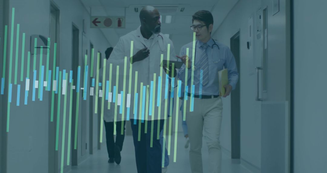 Doctors Discuss Hospital Data Analysis in Hallway Scene