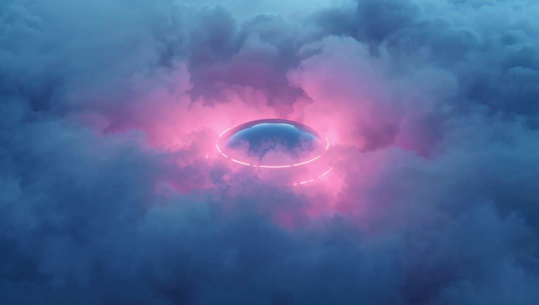 Futuristic Ring Emitting Neon Light Above Cloud Bank