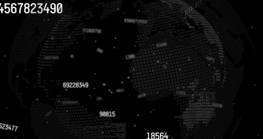 Spinning dotted digital globe streaming numeric labels and data blocks dark analytics HUD