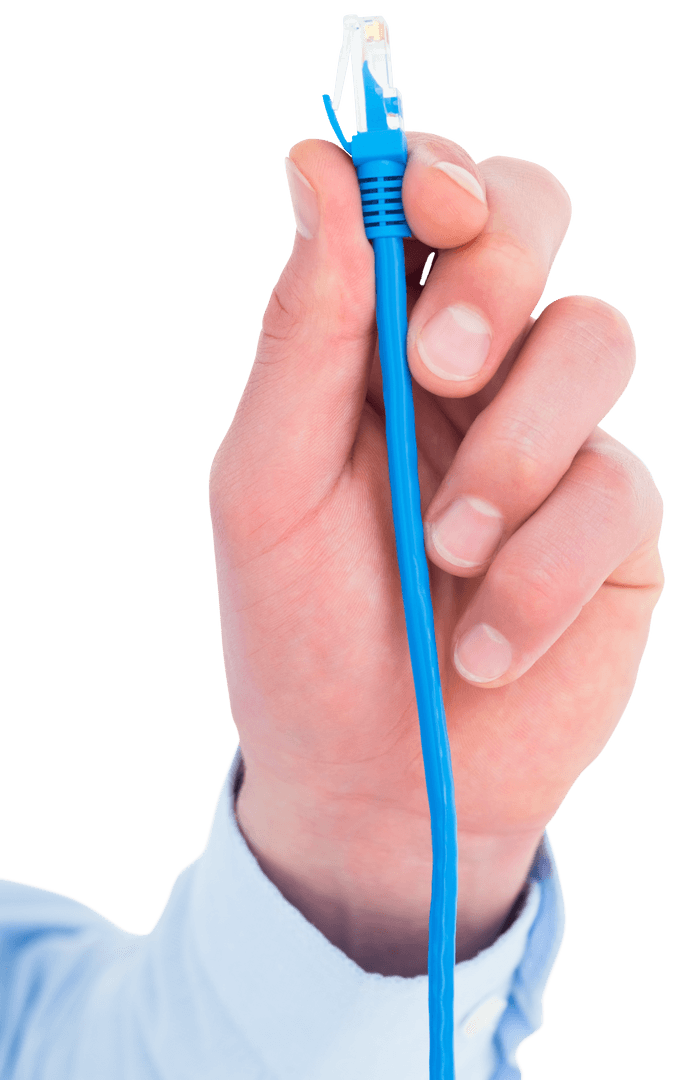 Businessman Holding Blue Network Cable Ethernet Connection Transparent