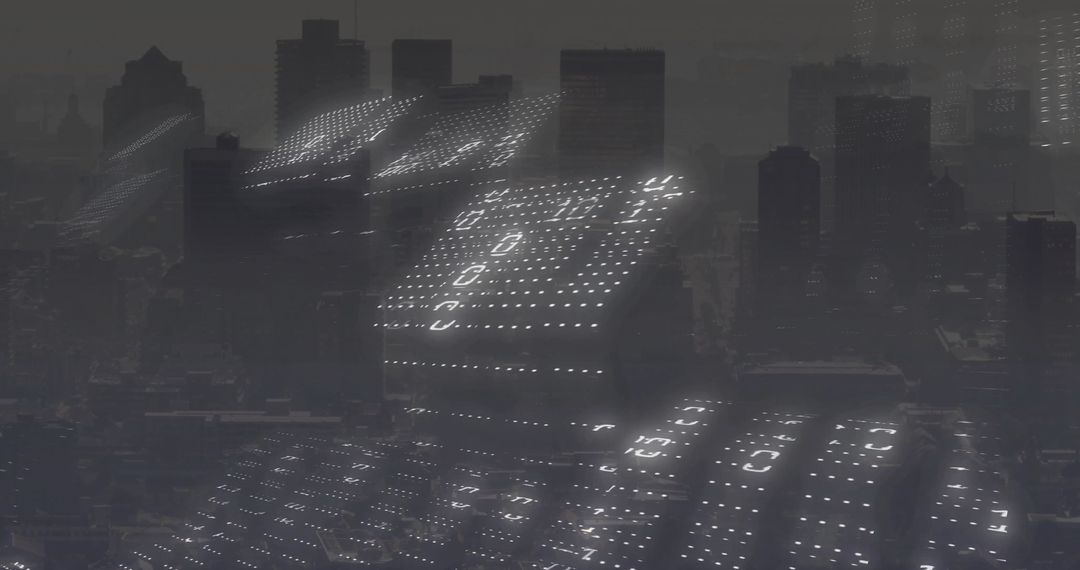 Foggy Metropolis with Glowing LED Rooftop Grids and Stepped Digital Platforms