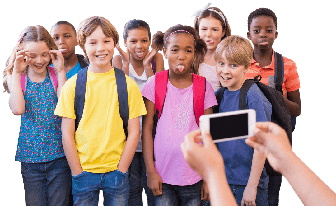 Diverse Kids Posing with Phone, Having Fun Transparent Background