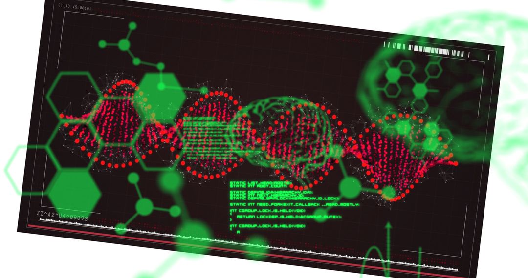 Futuristic DNA Strand Visualization with Digital Data Interface