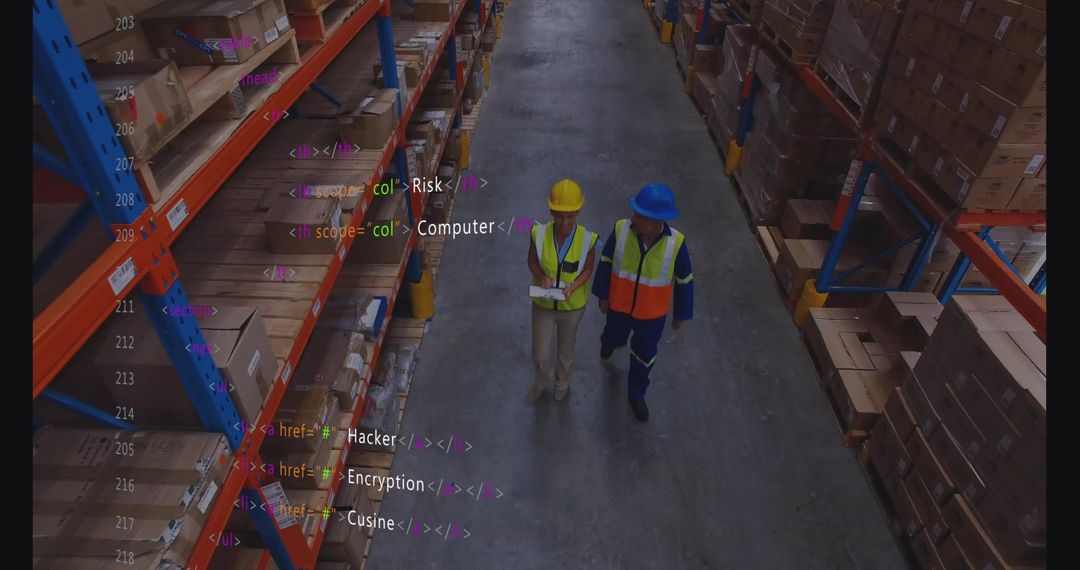 Warehouse Workers Inspecting Inventory with Digital Interface Codes