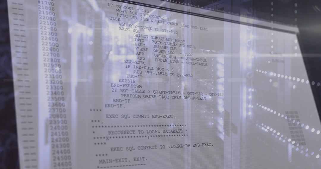 Running SQL Code Overlaying Server Rack with LED Reflections and Monochrome Bokeh