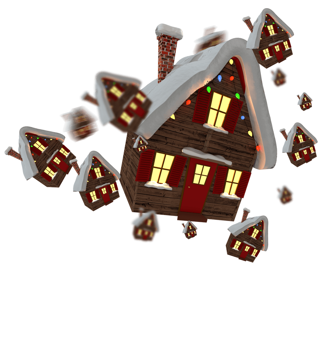 Floating Christmas Houses with Snow on Transparent Background