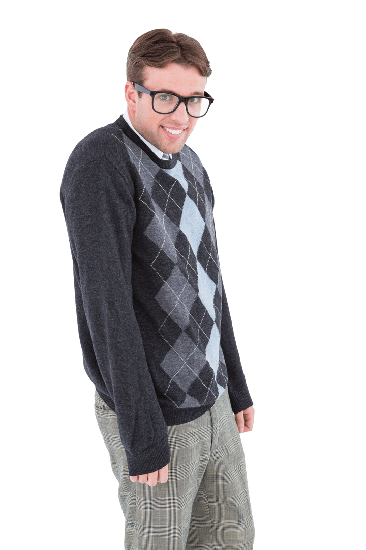 Nerdy Male with Argyle Sweater on Transparent Background Smiling Confidently