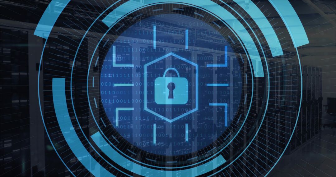 Glowing Blue Lock in Server Room Illustrating Cybersecurity