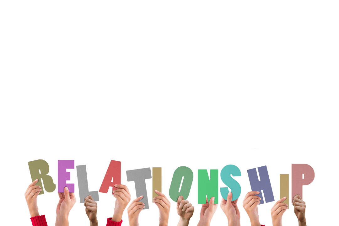 Hands Holding Relationship Word on Transparent Background