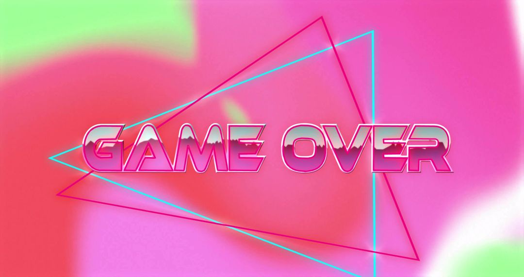 Synthwave GAME OVER Neon Typography with Chrome Gloss, Geometric Triangles, Retro Gradient