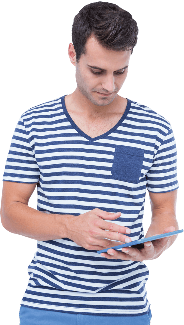 Transparent Man Using Tablet in Striped Shirt Looking Down