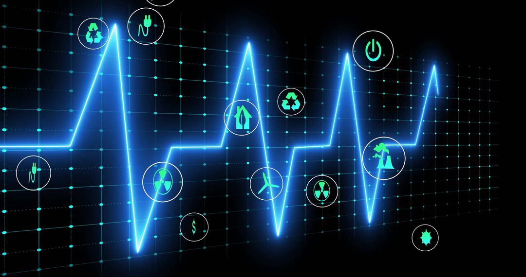 Futuristic Pulse Line with Green Energy Symbols on Digital Grid Backdrop
