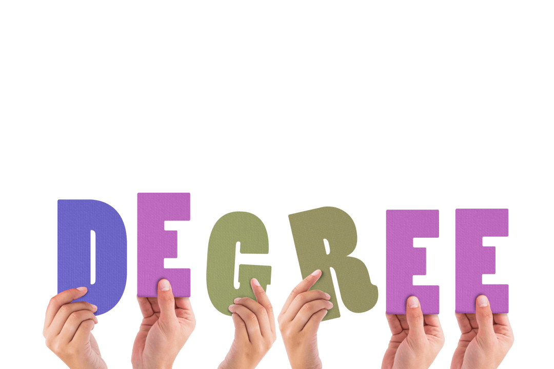 Hands Holding Colorful 'Degree' Letters on Transparent Background