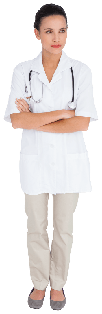 Transparent Female Doctor Standing with Folded Arms in White Coat