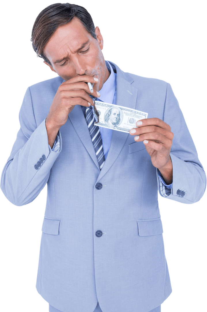 Businessman Burning Dollar Banknote with Cigarette on Transparent Background