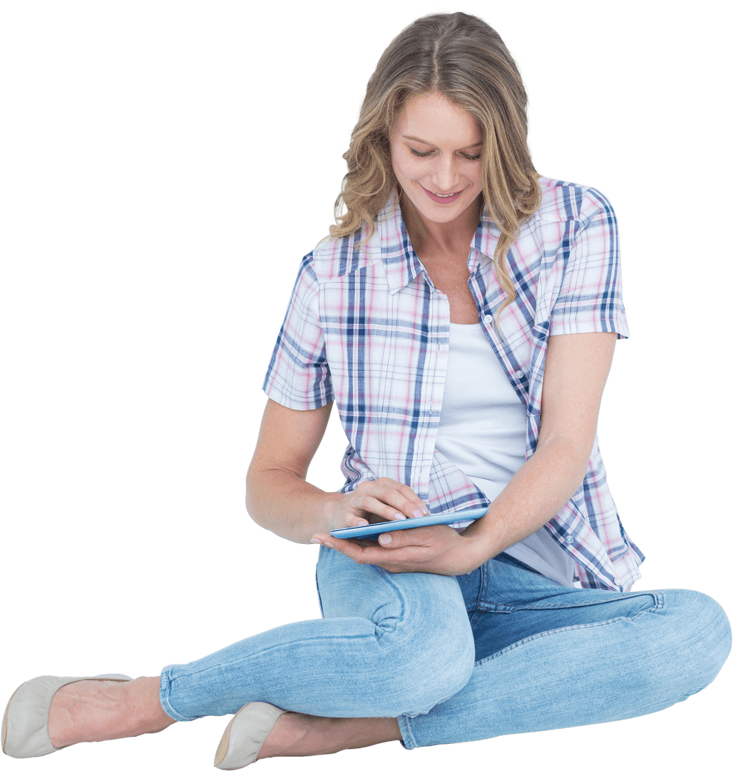 Caucasian Woman Sitting with Tablet on Transparent Background