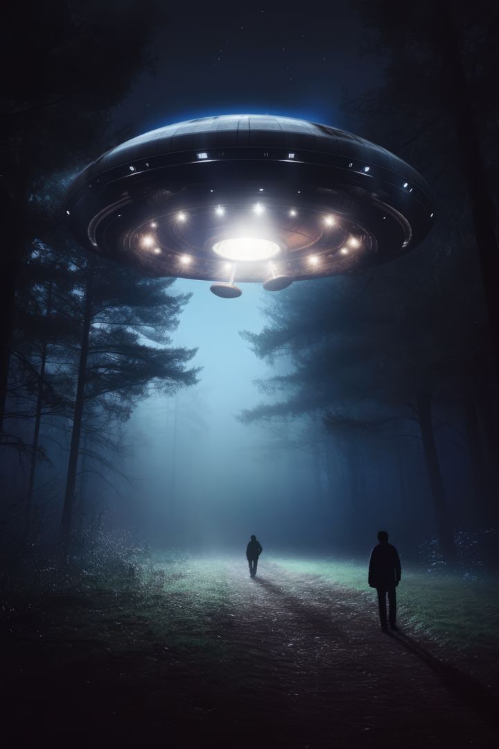 Alien UFO Hovering Over Forest Path at Night - Free Images, Stock Photos and Pictures on Pikwizard.com