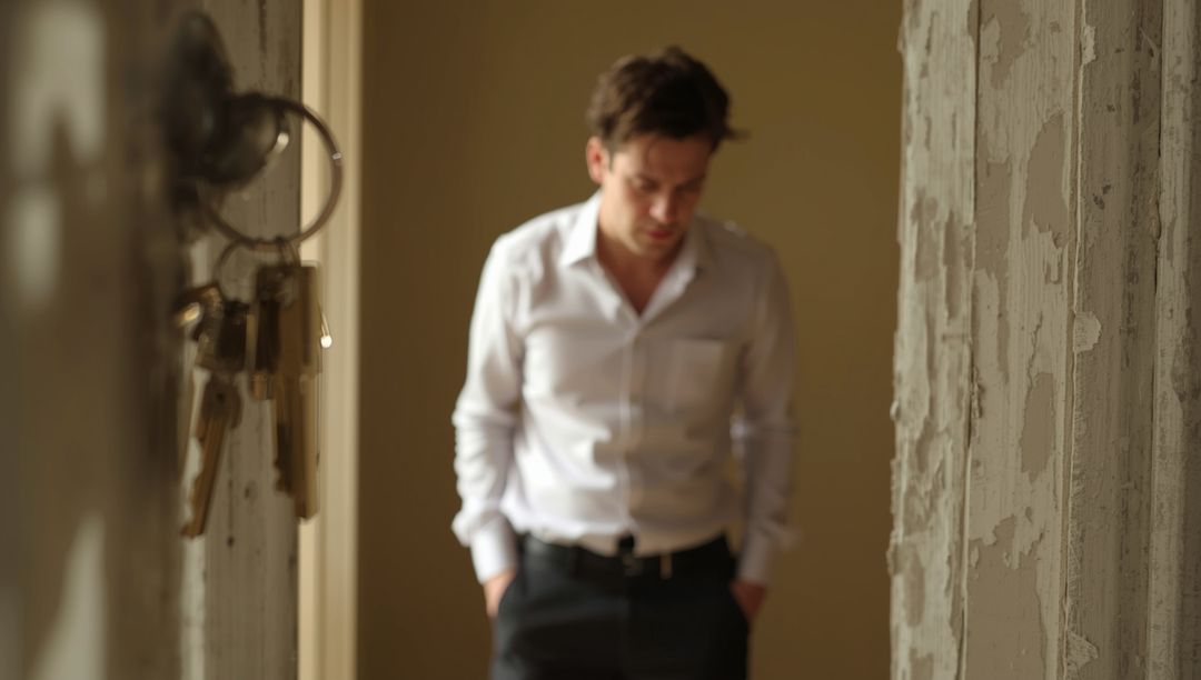 Man Standing in Dim Corridor Holding Keys, Reflective Mood