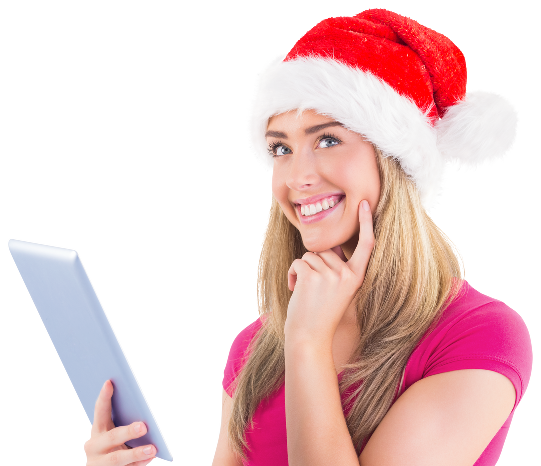 Festive Woman Wearing Santa Hat Smiling and Using Tablet with Transparent Background - Download Free Stock Images Pikwizard.com