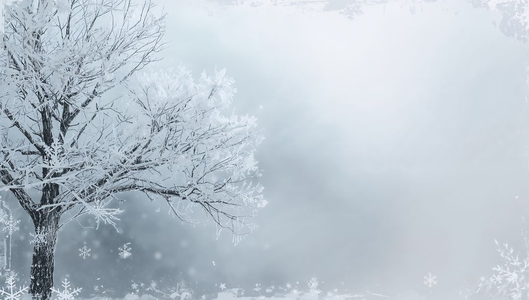Frosted tree on snowy field showing winter mist with snowflake border and open copy space