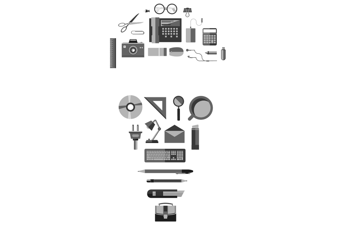 Office Tools Arranged in Light Bulb Shape on Transparent Background