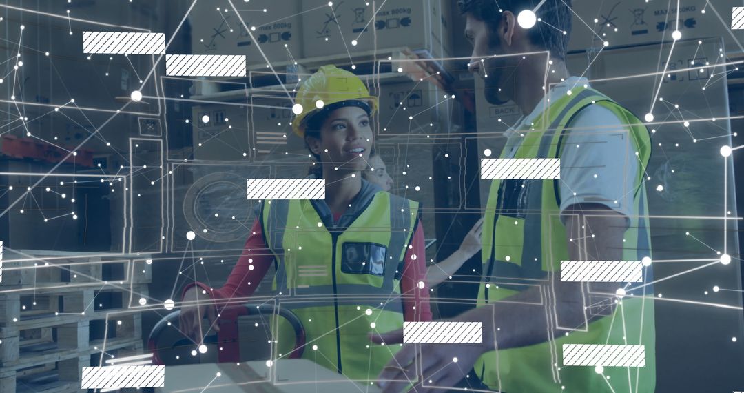 Warehouse Team Analyzing Digital Inventory Systems with Holographic Interface