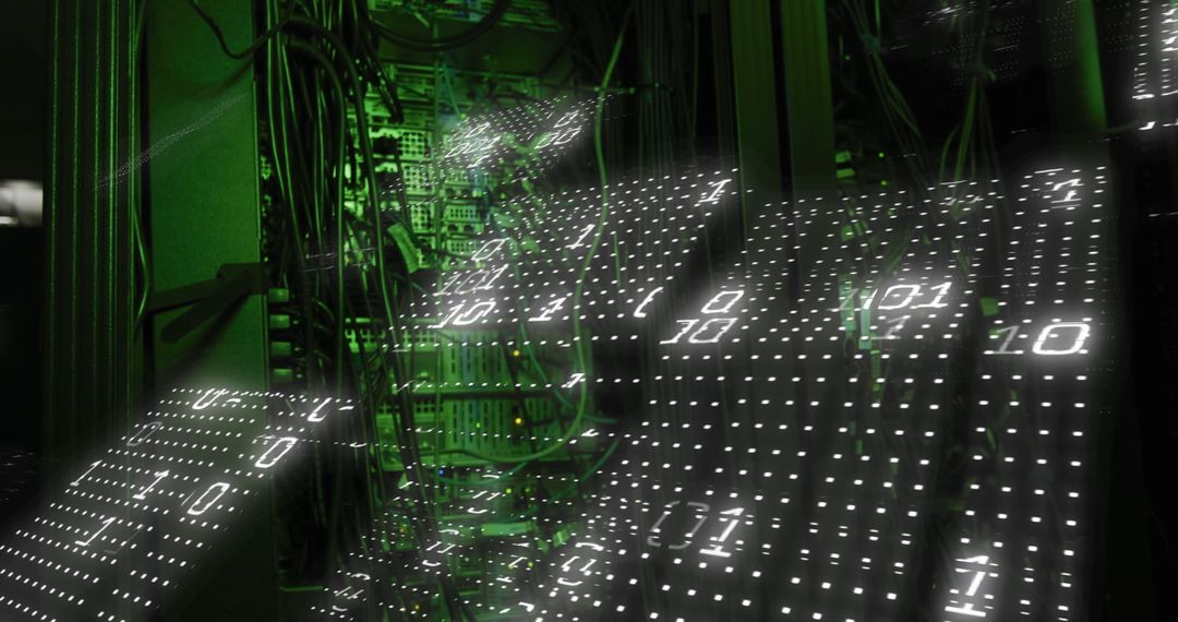 Abstract digital binary code and data flow in server room