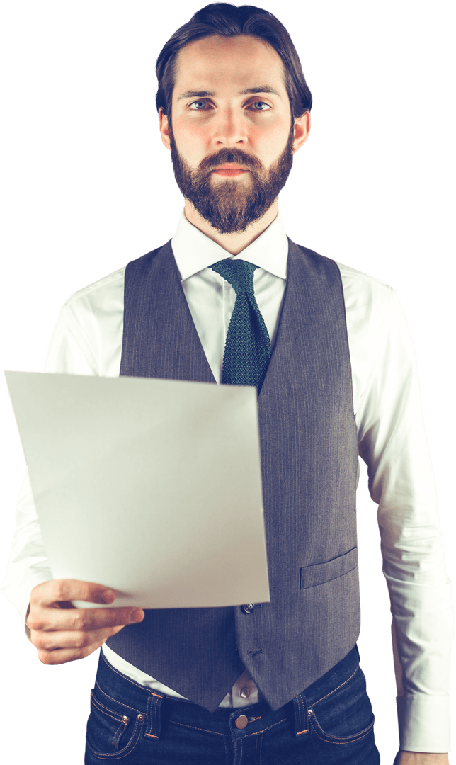 Focused Businessman in Vest Holding Document on Transparent Background
