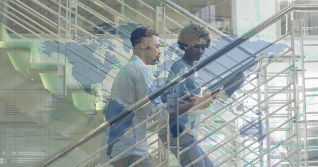 Business Professionals Analyzing Financial Data on Staircase with World Map Overlay