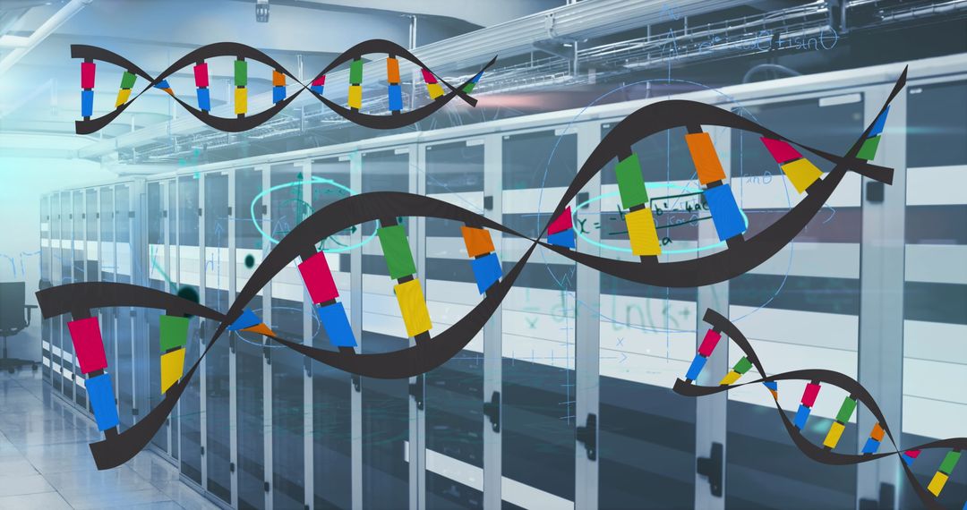 Digital DNA Overlay on High-Tech Server Room