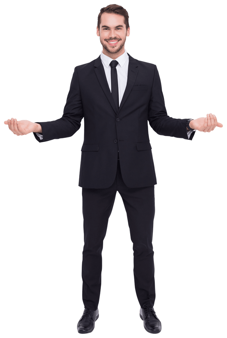 Transparent Confident Businessman with Open Hands Gesture