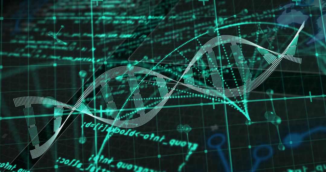 Futuristic DNA Helix with Code Overlay in Digital Style