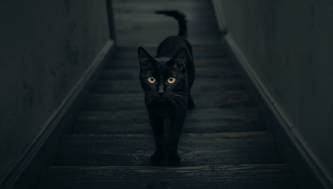 Black Cat Walking Up Dark Wooden Stairs with Intense Amber Eyes