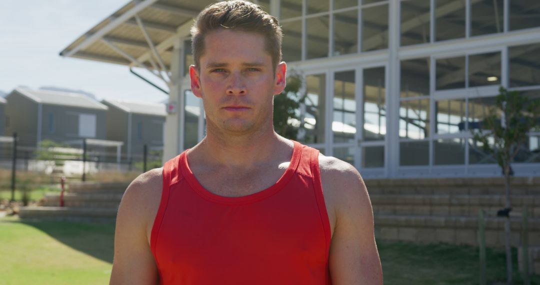 Determined Young Man in Red Tank Top Outdoors - Free Images, Stock Photos and Pictures on Pikwizard.com