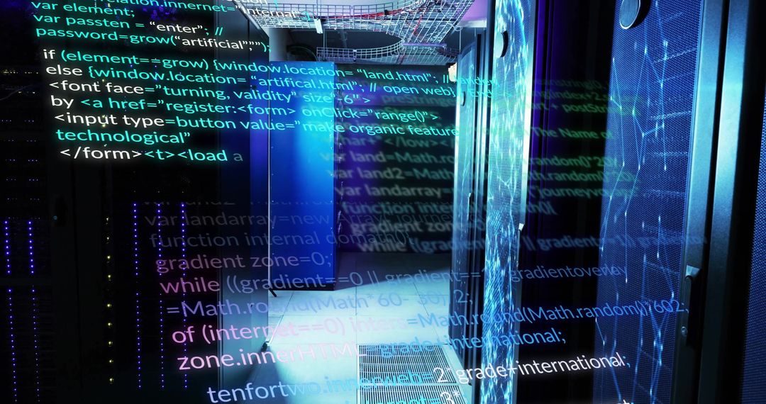 Futuristic Digital Code Overlay in High-Tech Data Center