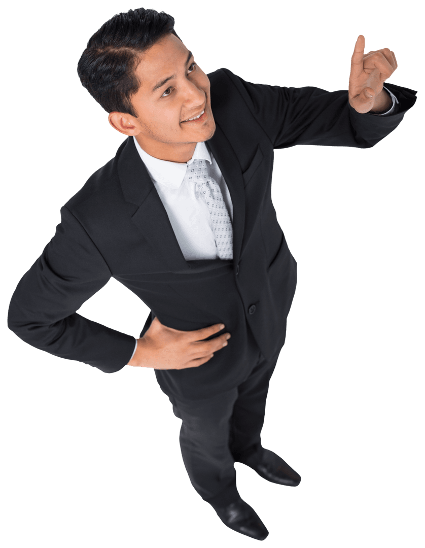 Smiling Businessman Pointing Up Transparent Background