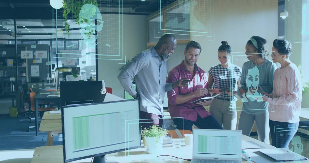 Multicultural team collaborating around tablet in modern open-plan office with data screens