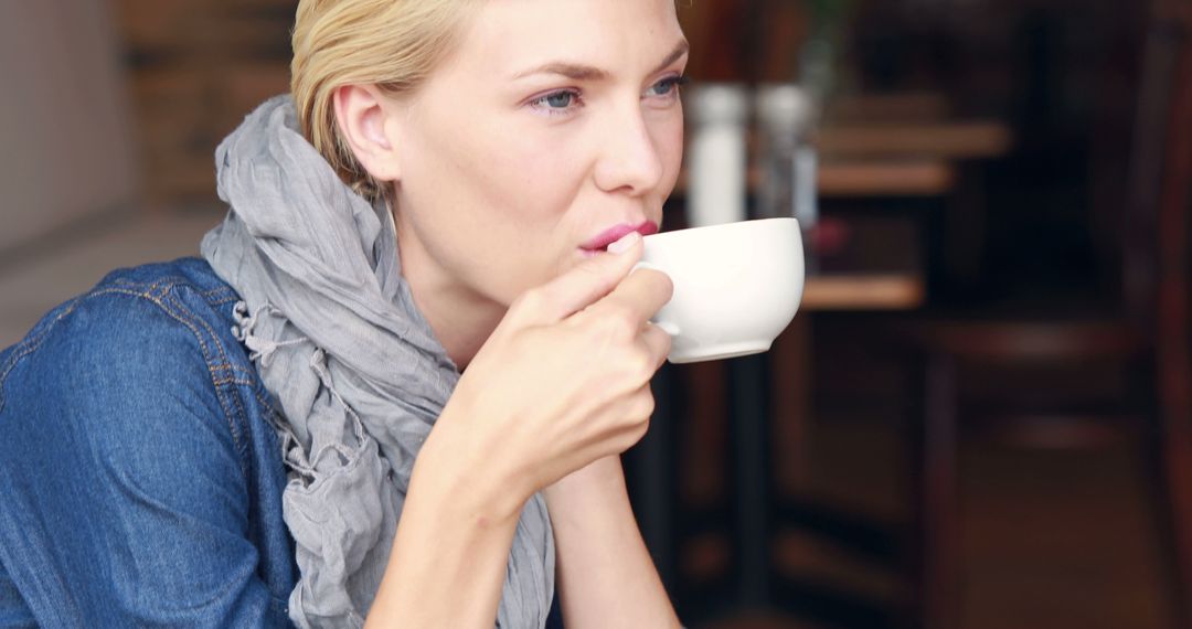 Woman Drinking Coffee in Cozy Cafe - Free Images, Stock Photos and Pictures on Pikwizard.com