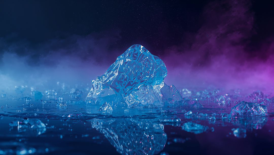 Glowing Ice Chunk on Reflective Stage with Colorful Lighting