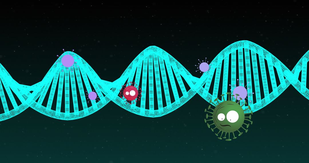 Digital DNA Helix with Cartoon Viruses in Futuristic Design
