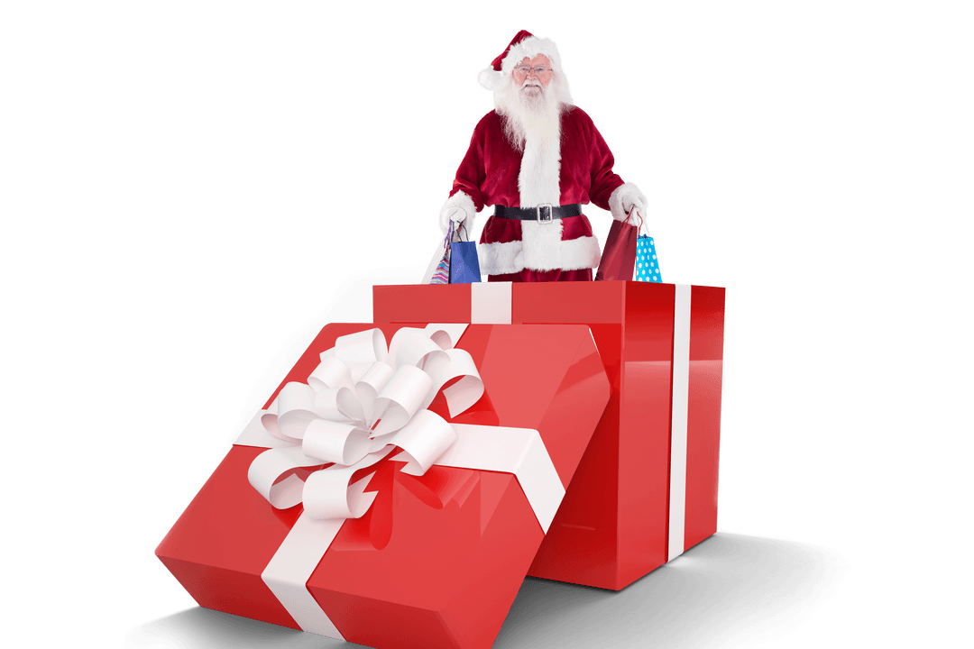 Transparent Santa Claus Standing in Giant Gift Box