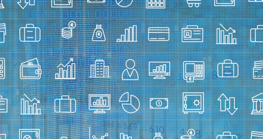 Digital Business Interface with Data Icons Overlay