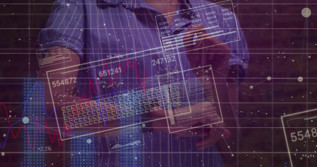 Futuristic Data Interaction with Holographic Charts at Workstation