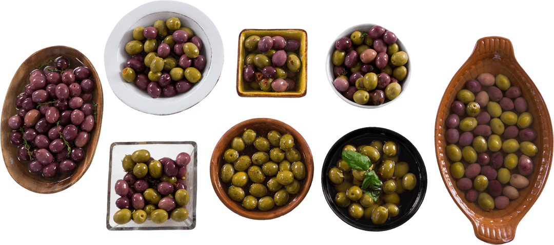 Transparent Background with Varied Olive Bowls Displays Rustic Charm