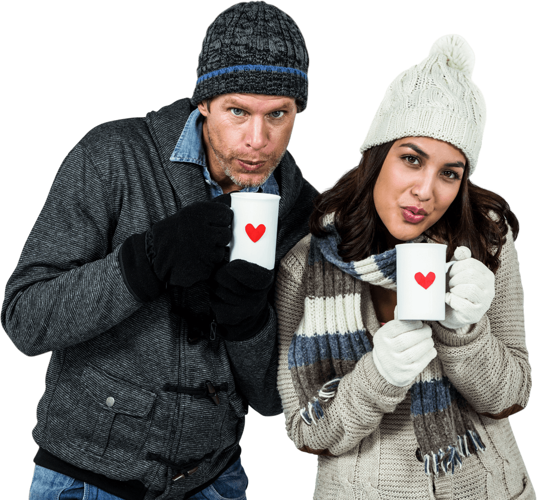 Winter Romance Couple Enjoying Warmth of Hot Drinks