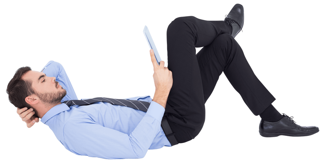 Transparent Businessman Relaxing with Tablet in Office Attire