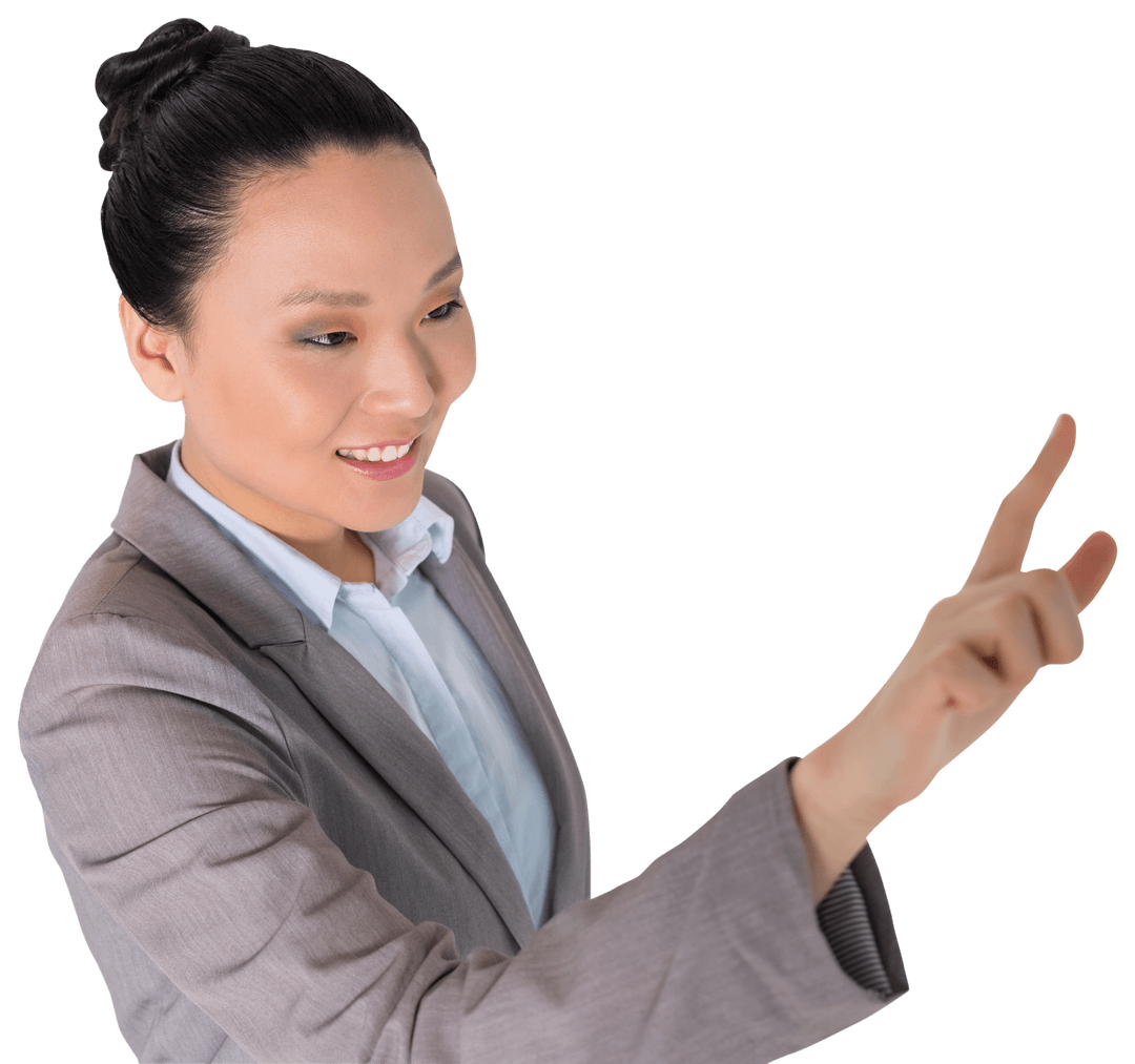 Asian Businesswoman Pointing Finger on Transparent Background in Confident Gesture