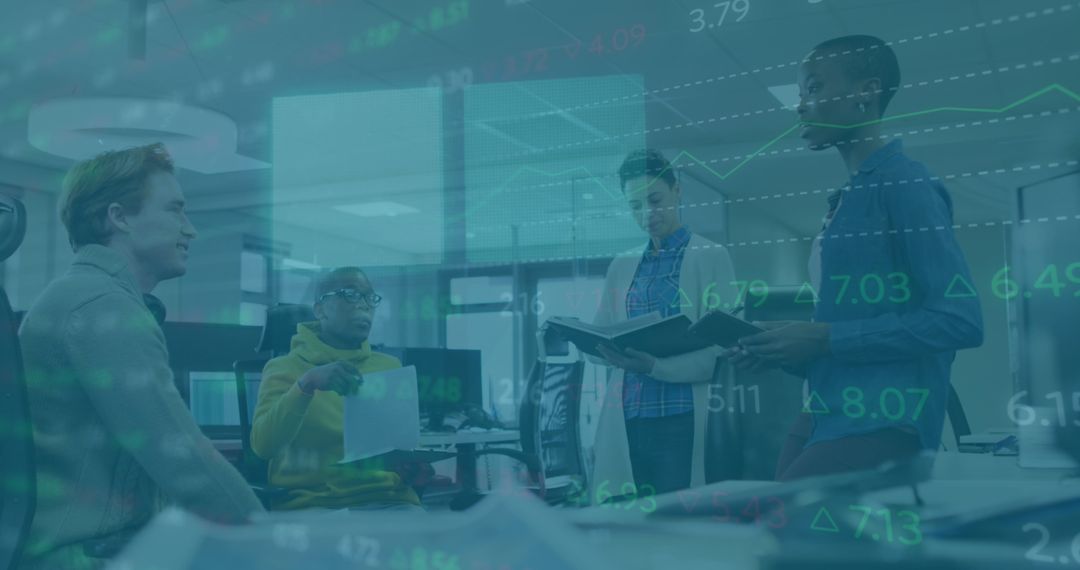 Diverse Team with Financial Data Overlay in Modern Office Environment
