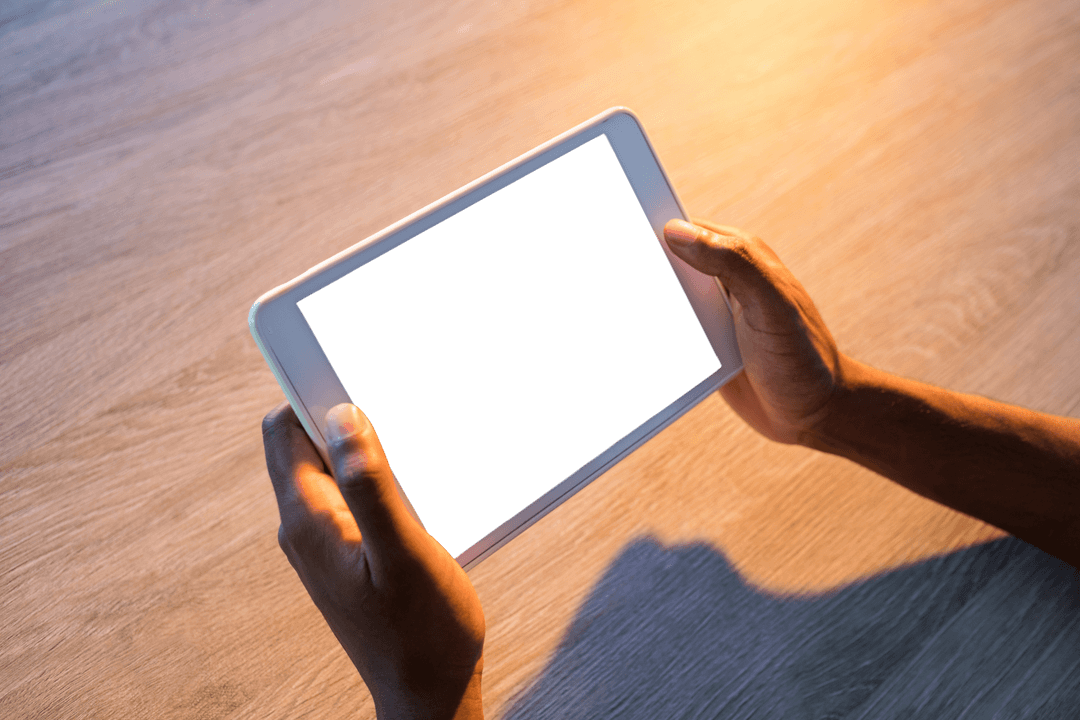 Transparent Screen Tablet in Hand, Office Meeting Concept